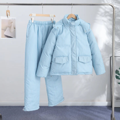 Casual Women's Stripe Set With Hat Full Sleeve Cotton Padded Coat Straight Pants Female Loose Sets 2026 Autumn Winter Lady Suit