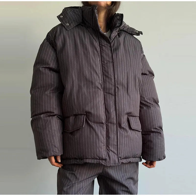 Street Striped Women's Cotton Coat Trouser Suits Hooded Zippers  Autumn Winter Thicken Lady Set 2026 Chic Female Outfits