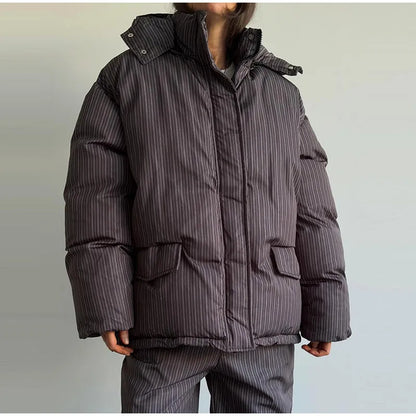 Street Striped Women's Cotton Coat Trouser Suits Hooded Zippers  Autumn Winter Thicken Lady Set 2026 Chic Female Outfits