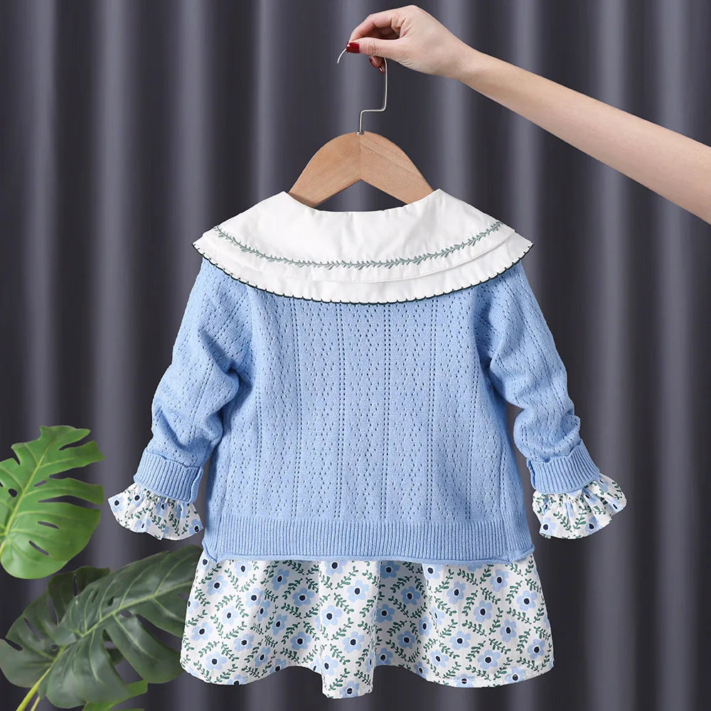 2PCS Baby Girl Clothes Set Spring Autumn Children Clothing Flower Dress+Knit Jacket Outerwear Suit Kids Toddler Outfits