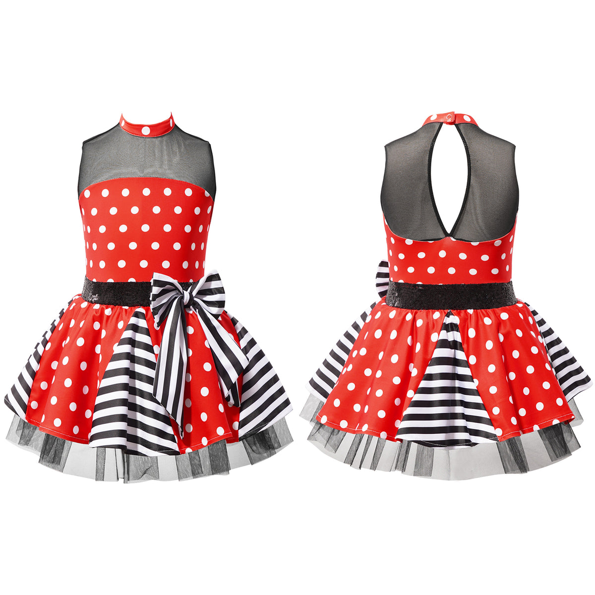 Girls Jazz Latin Ballet Dance Dress Polka Dots Print Mesh Sequin Bowknot Tutu Dress Birthdays Party Wedding Flower Girl Dresses