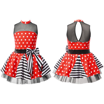 Girls Jazz Latin Ballet Dance Dress Polka Dots Print Mesh Sequin Bowknot Tutu Dress Birthdays Party Wedding Flower Girl Dresses