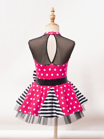 Girls Jazz Latin Ballet Dance Dress Polka Dots Print Mesh Sequin Bowknot Tutu Dress Birthdays Party Wedding Flower Girl Dresses