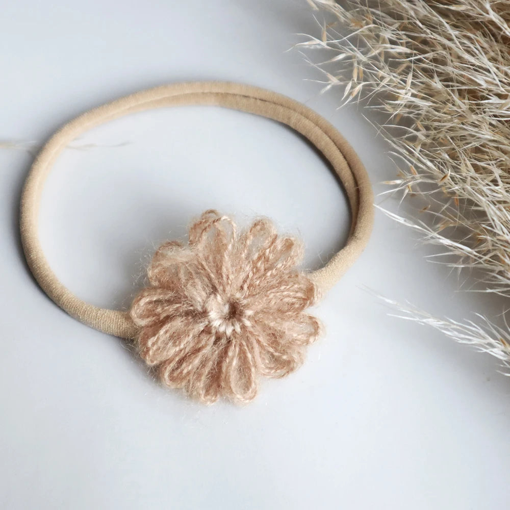 1.6in Woolen Flowers Baby Girls Nylon Headbands Kid Handmade Elastic Hairbands Children Hair Accessories Vintage Toddler Winter