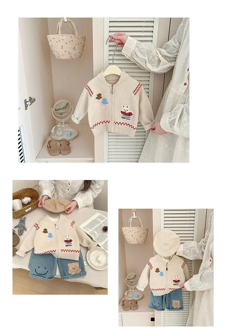 Baby Sweater Early Spring Korean Style Fashion Knitted Cardigan Spring and Autumn Girls' Cartoon Cute Sweater Versatile