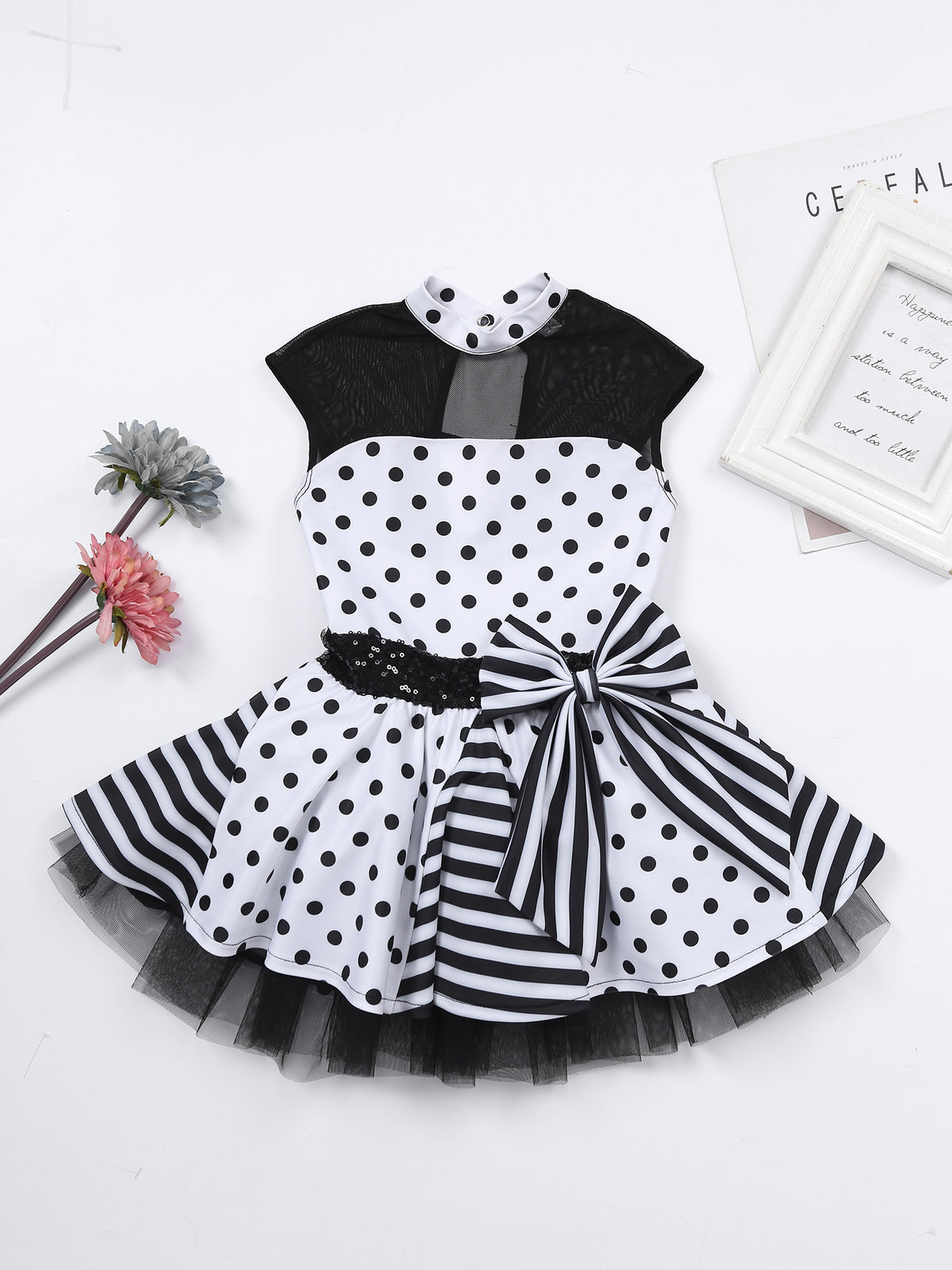 Girls Jazz Latin Ballet Dance Dress Polka Dots Print Mesh Sequin Bowknot Tutu Dress Birthdays Party Wedding Flower Girl Dresses