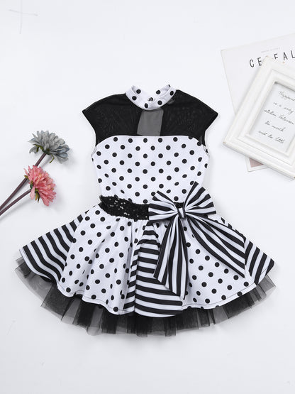 Girls Jazz Latin Ballet Dance Dress Polka Dots Print Mesh Sequin Bowknot Tutu Dress Birthdays Party Wedding Flower Girl Dresses