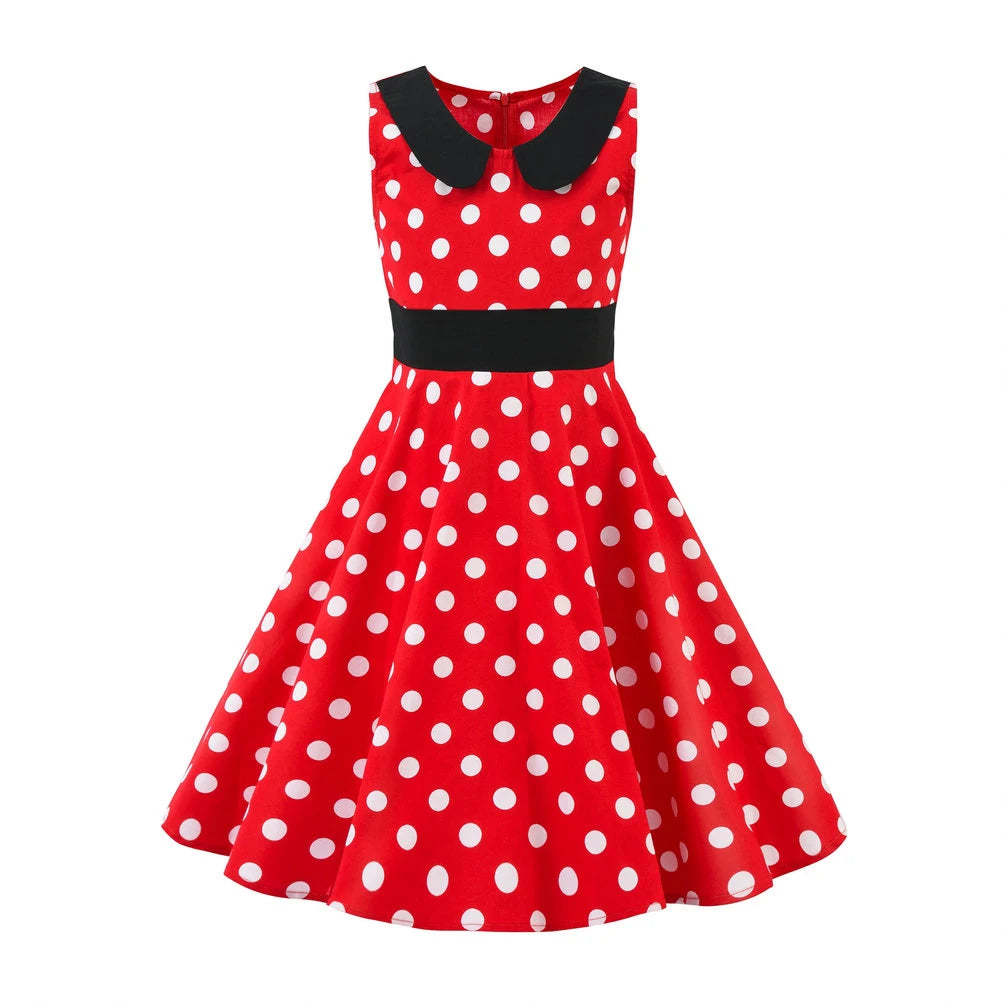 LPATTERN Girls' Vintage Rockabilly Dress Party Retro Polka Dot Floral Pattern A-line Dresses Pleated Skirt Knee-Length for 4-10Y