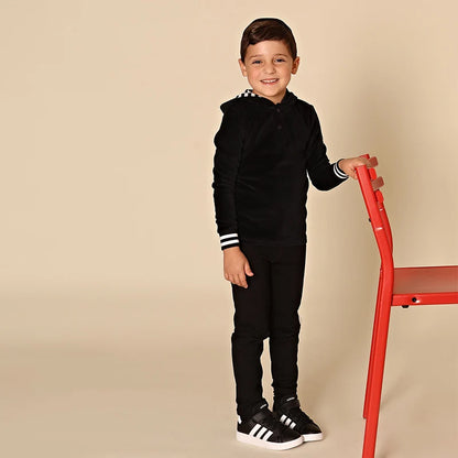 AA-Velour Hooded Set Tired Dress with Hooded Lining Striped Shirt and baby Footie Romper Ribbed Family Clothing Dress for Girls