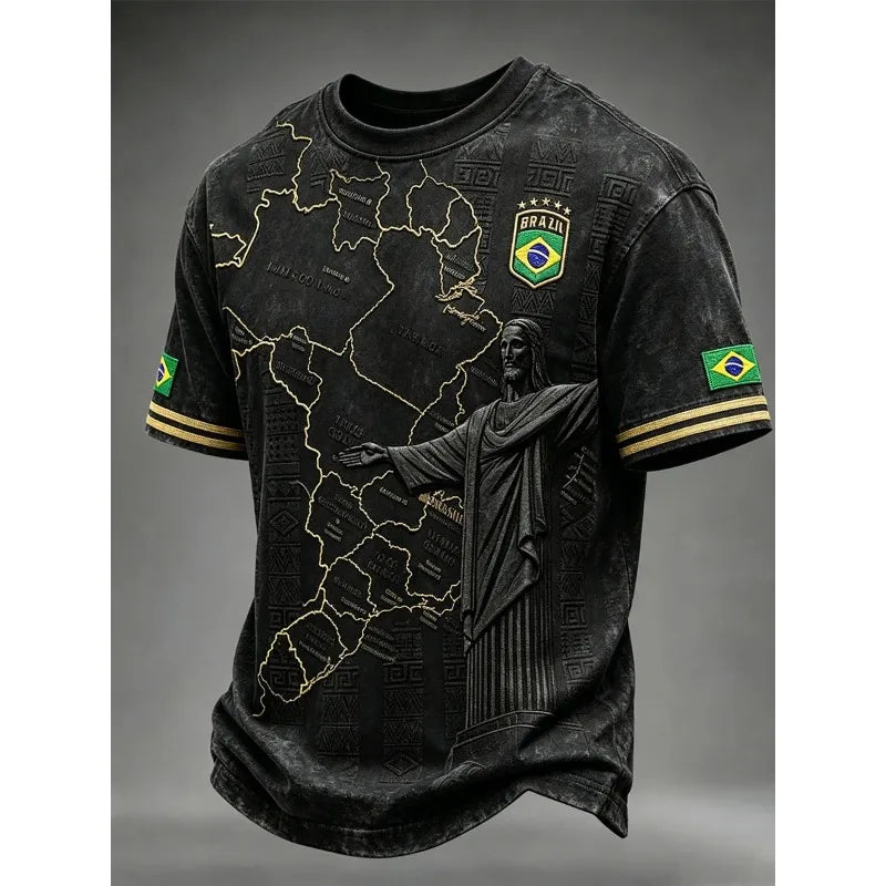 Black Brazil Street Style Tee with 3D Embossed South America Map Print & Gold Striped Trim, Customized for Soccer Fans