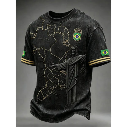 Black Brazil Street Style Tee with 3D Embossed South America Map Print & Gold Striped Trim, Customized for Soccer Fans