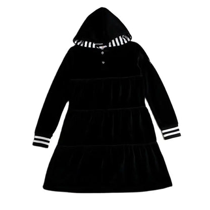 AA-Velour Hooded Set Tired Dress with Hooded Lining Striped Shirt and baby Footie Romper Ribbed Family Clothing Dress for Girls