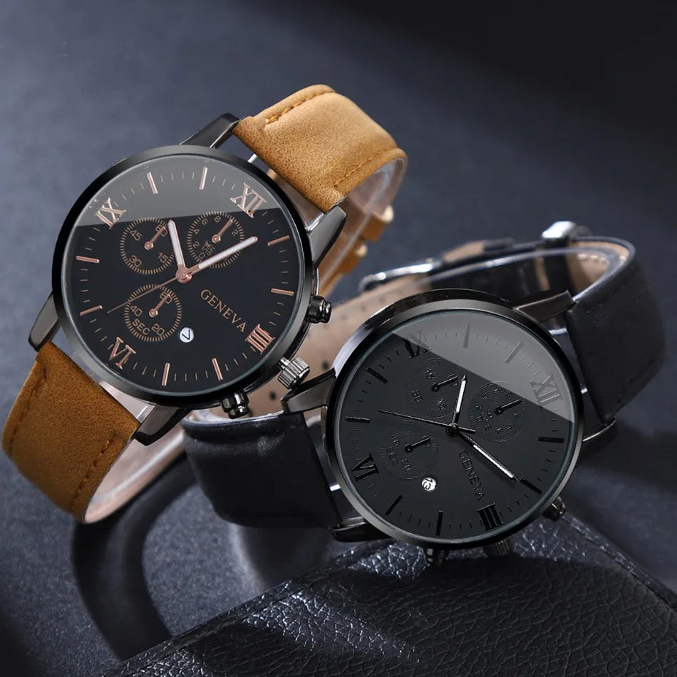 2 Pcs/set Men's Watch Wristwatch Set, Casual Sport Men's Watch Set, Quartz Pointer Date Watch Set for Holiday Gift Watches Set