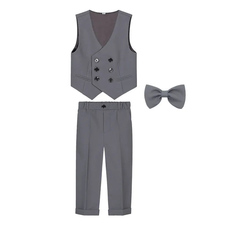 Teenager Kids Beige WaistCoat Shirt Pants Bowtie Tuxedo Dress Boys Vest Suit For Wedding Children Host Photograph Party Costume