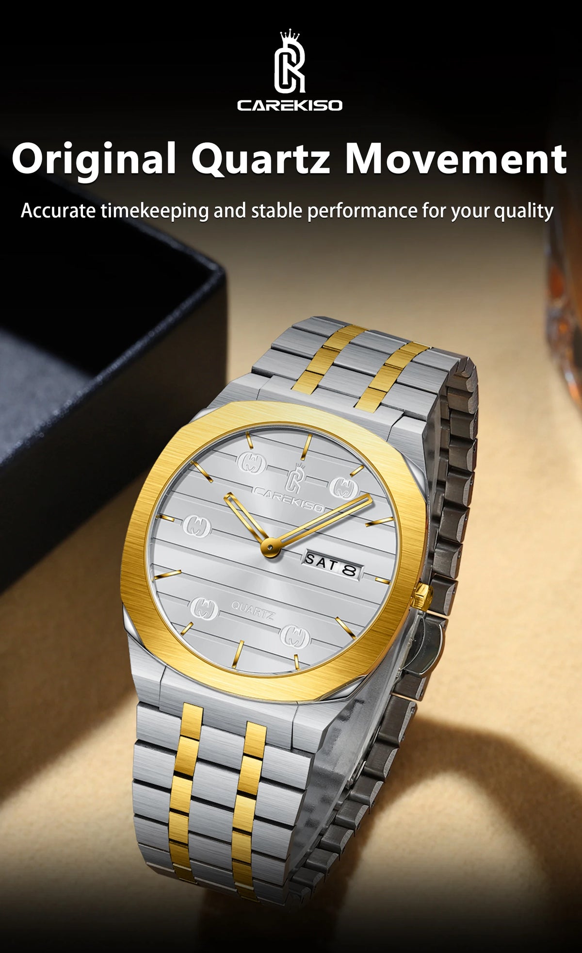 CAREKISO Luxury Fashion Men Clock Waterproof Week Date Casual Man Wristwatch Stainless Steel Quartz Business Men's Watches Reloj