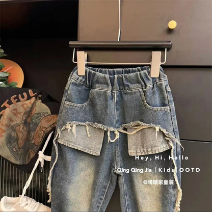 Boys Jeans Children Spring Denim Autumn New Fashion Straight Pants 2025 Kids Loose Casual Elastic Trousers 2-8 Years Old
