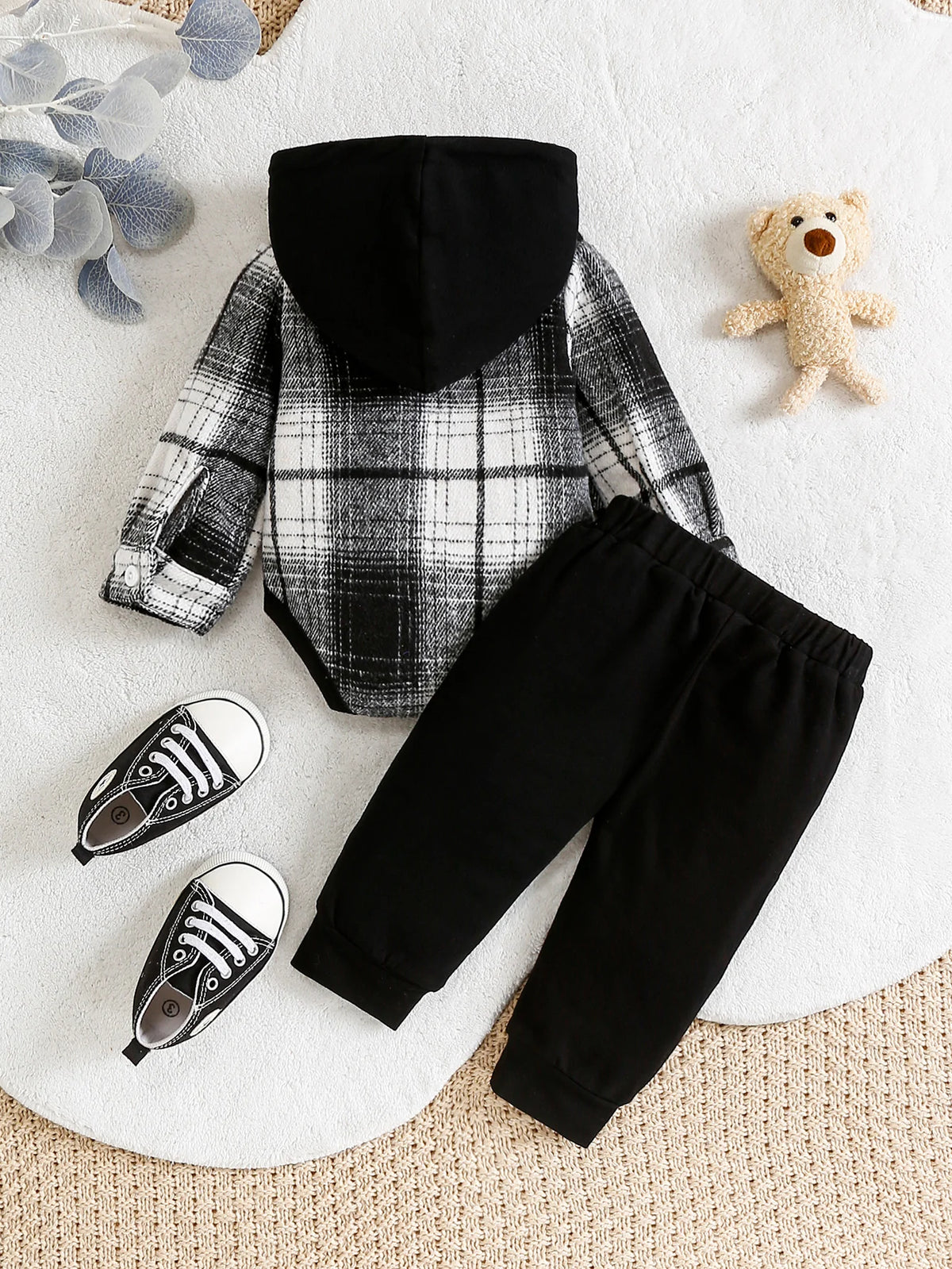 Children's Plaid Hooded Set Casual Cool Style Soft Skin-friendly Fabric Easy-to-wear Design with Hat And Hole Decoration