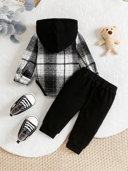 Children's Plaid Hooded Set Casual Cool Style Soft Skin-friendly Fabric Easy-to-wear Design with Hat And Hole Decoration