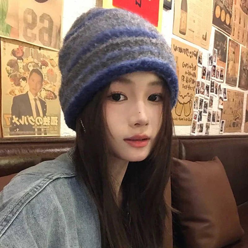 Striped Knitted Beanies Hats For Women&Men Winter Plush Warm Skullies Hat Unisex Outdoor Coldproof Ski Ear Protection Caps Gorro