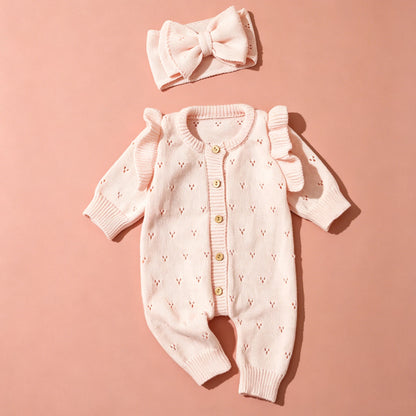 YlsteeeNewborn Baby Girl Knitted Romper Set with Bow Headband, Ruffle Sleeve Heart Knit Jumpsuit for 0-3M Photography Daily Wear