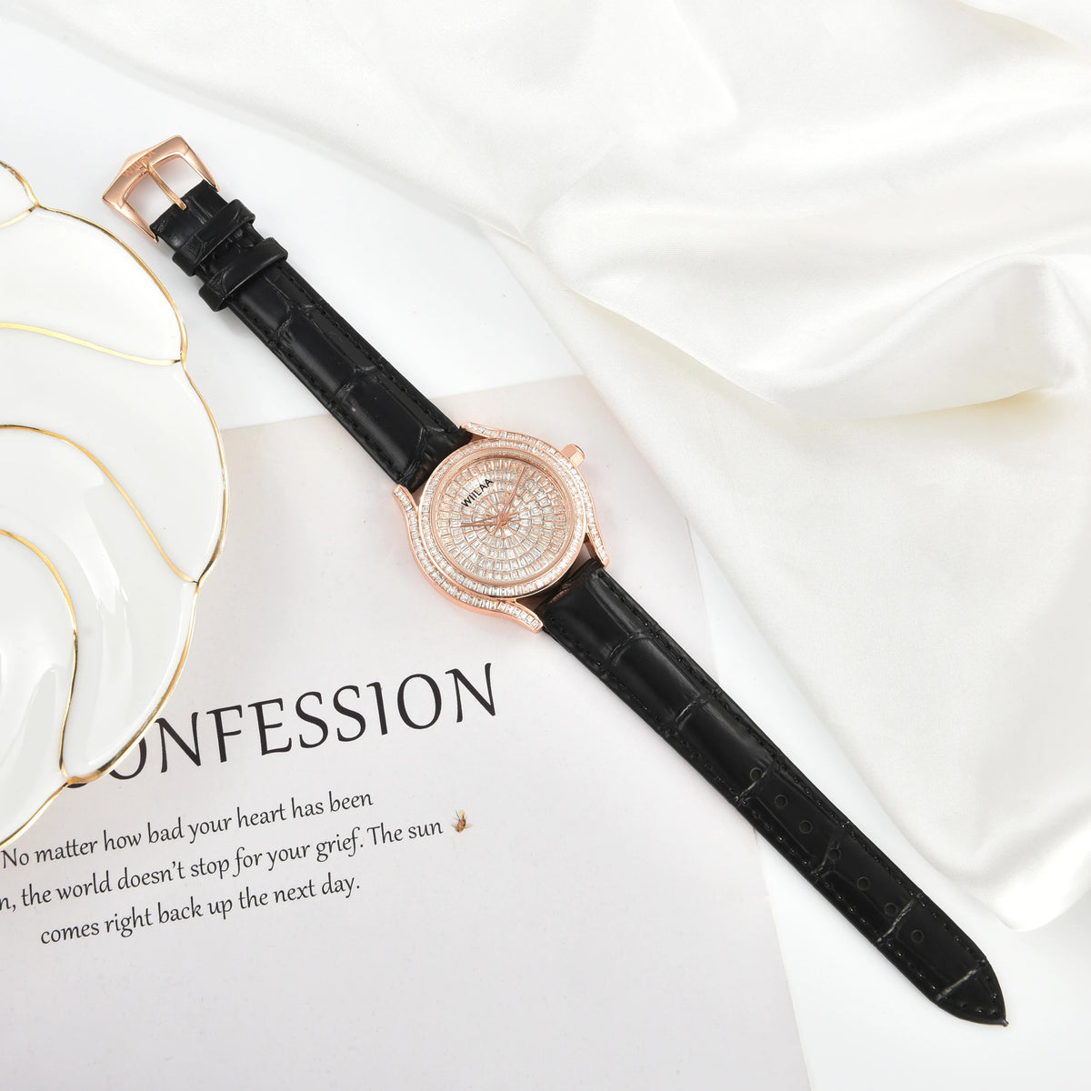 WIILAA Luxury Women's Crystal Quartz Watch - Full Baguette Rhinestone Dial Black Leather Strap Ladies Fashion Wristwatch for Par