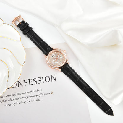 WIILAA Luxury Women's Crystal Quartz Watch - Full Baguette Rhinestone Dial Black Leather Strap Ladies Fashion Wristwatch for Par