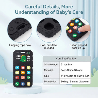 Baby Dinosaur Phone Teething Toy Food Grade Silicone Chew Molar Stick BPA Free Boilable Cute Toddler Teether Soothing Gum Relief
