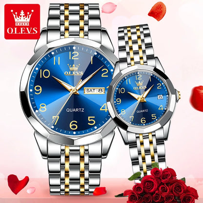 OLEVS 9970 Couple Watch For Men Women Luxury Number Dial Rhombus Mirror Quartz Hand Clock Stainless Steel Original Dress Watches