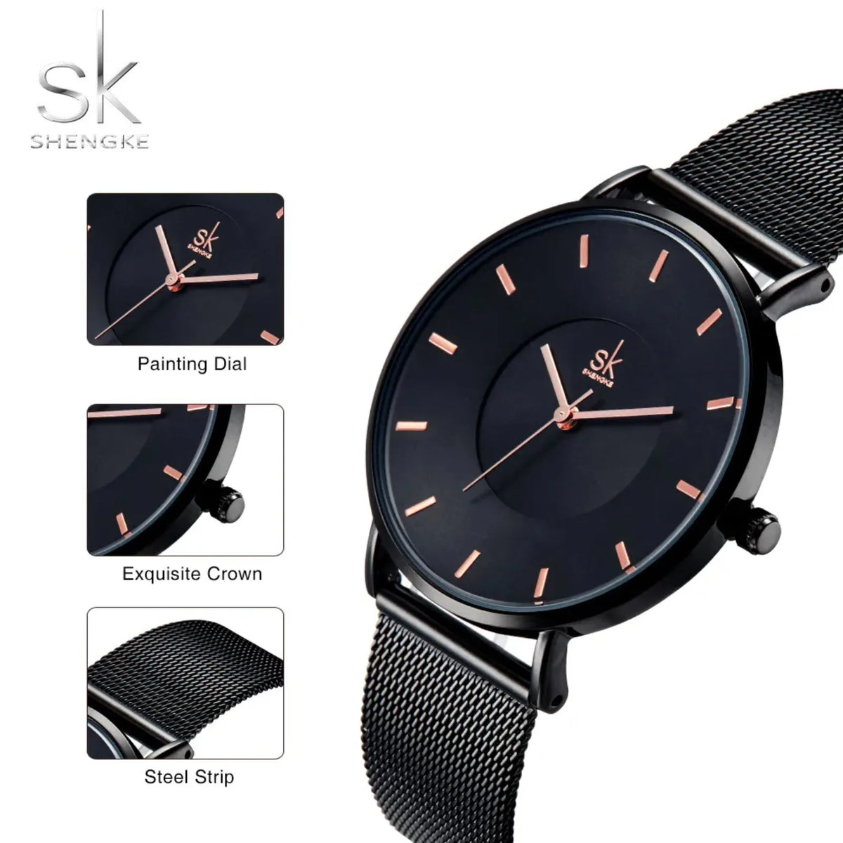 Shengke Fashion Black Watch for Women Classic Relogio Feminino Quartz Ladies Watch Woman Adjustable Mesh Strap Montre Femme