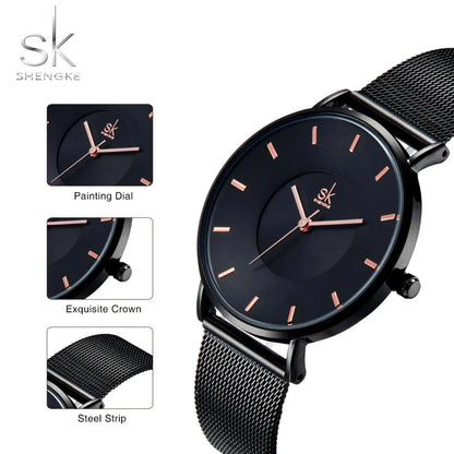 Shengke Fashion Black Watch for Women Classic Relogio Feminino Quartz Ladies Watch Woman Adjustable Mesh Strap Montre Femme