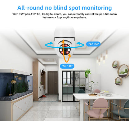 FUERS 2MP E27 Bulb Security Camera 2.4G WiFi PTZ CCTV Camera 4X Zoom AI Human Tracking Color Night Vision Two Way Audio Baby Monitor Indoor