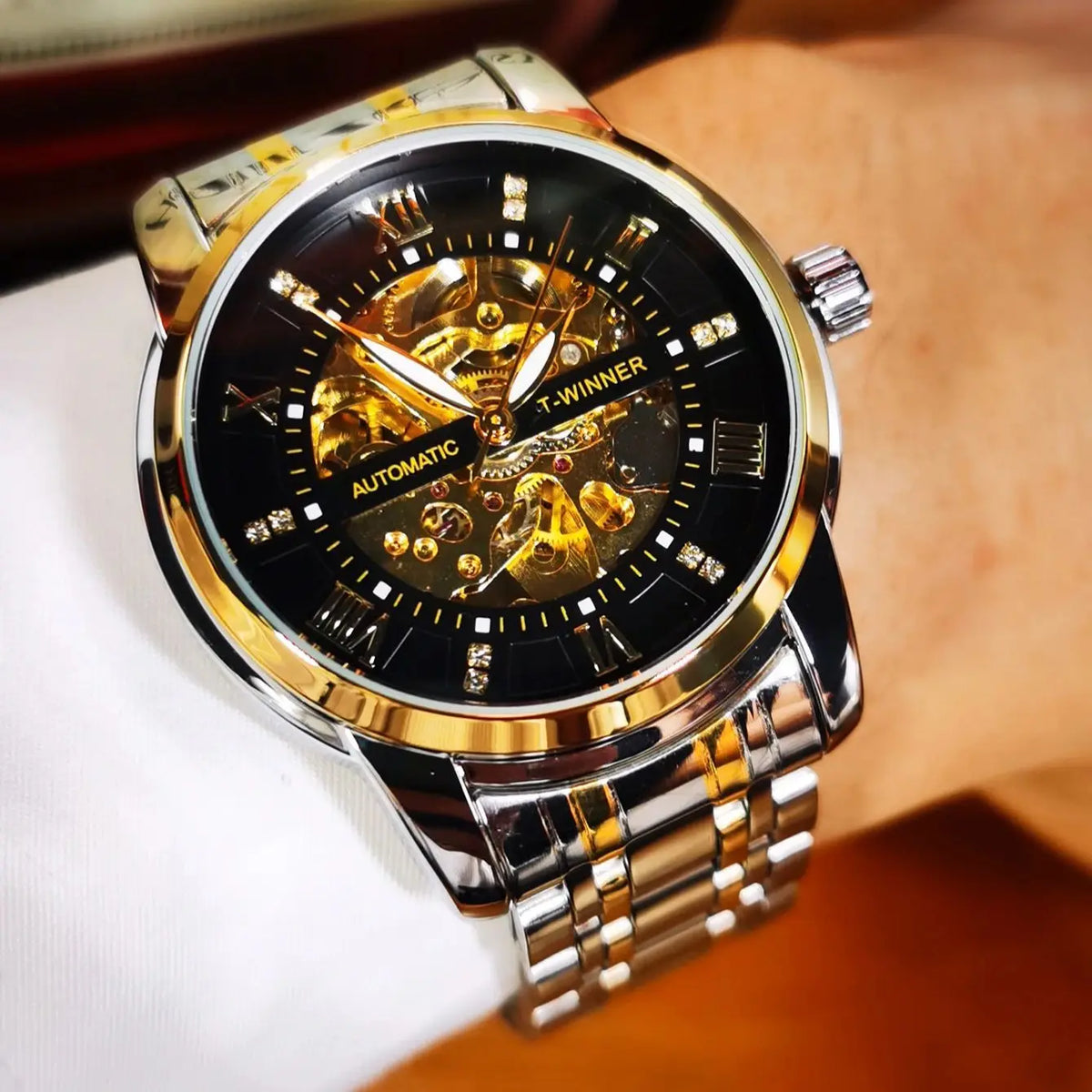 Fashion Skeleton Watch for Men Luminous Hands Iced Out Dial Stainless Steel Strap Business Classic Automatic Mechanical Watches