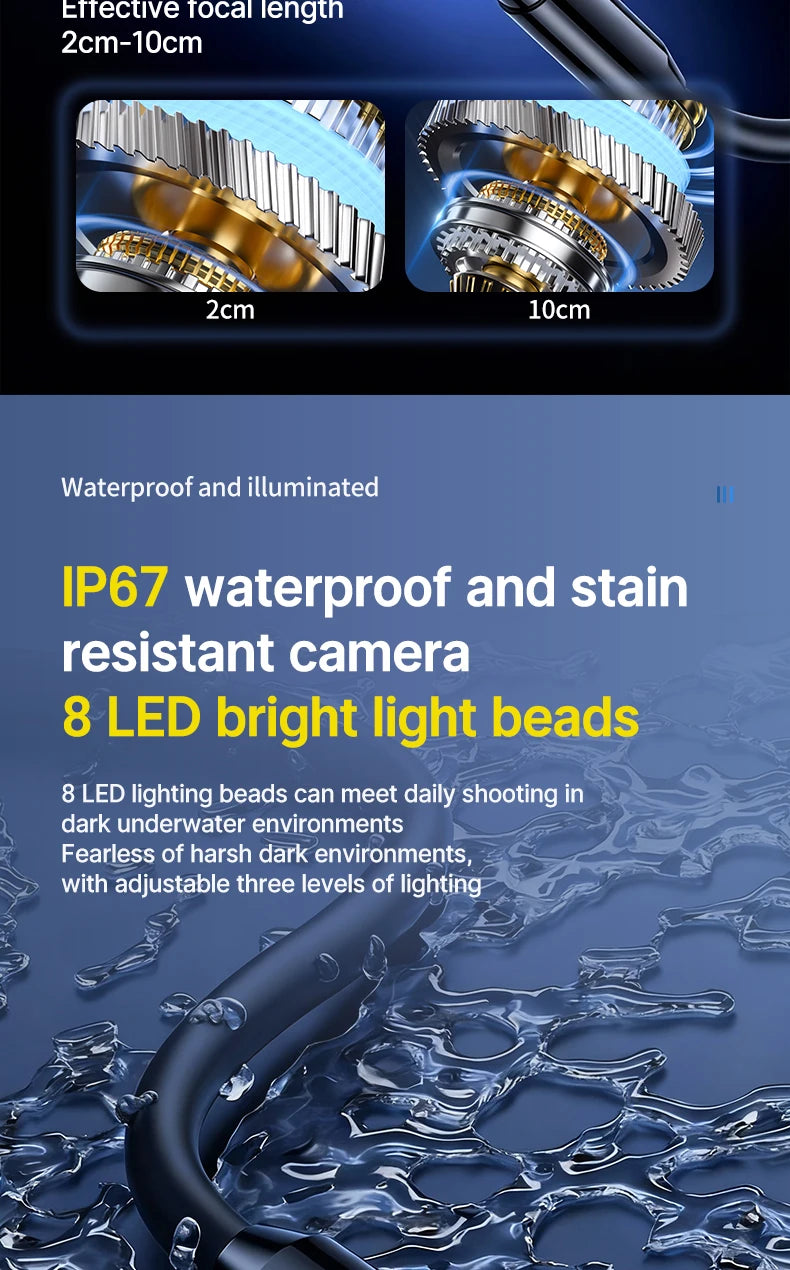 Endoscope Camera with Light, 8mm 1080P HD Borescope, IP67 Waterproof Snake Camera，Inspecting Walls, Automotive Engines, Pipes