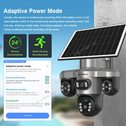 LS VISION Wireless WiFi Solar Camera Three Lens Three Screen 4G Sim Card Solar Cam Human Detection Outdoor Solar Surveillance