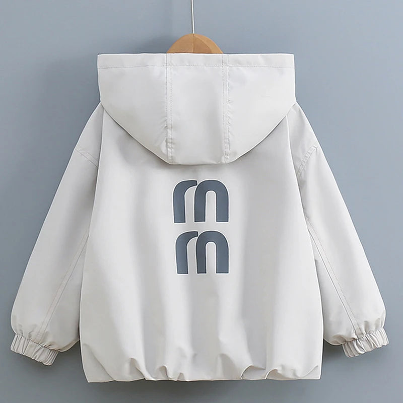 2026 Spring Autumn Girls Reversible Waterproof Hooded Jacket Teen Kid Letter Print Windbreaker Coat Children Loose Outerwear Top