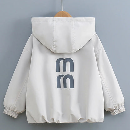 2026 Spring Autumn Girls Reversible Waterproof Hooded Jacket Teen Kid Letter Print Windbreaker Coat Children Loose Outerwear Top