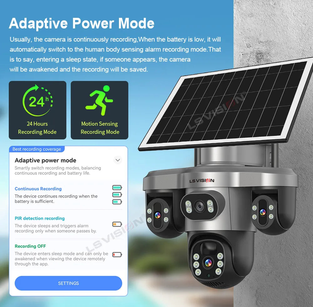 LS VISION Wireless WiFi Solar Camera Three Lens Three Screen 4G Sim Card Solar Cam Human Detection Outdoor Solar Surveillance