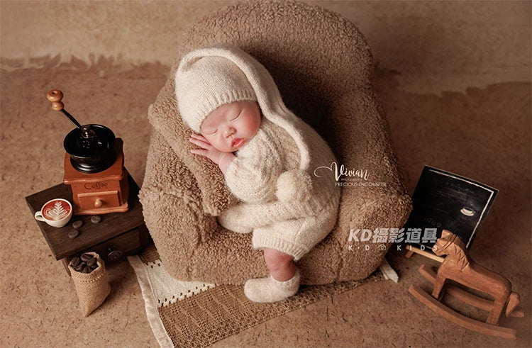 0-1 Month Newborn Photography Scenes Props Knitted Baby Costume Set Teddy Bear Doll Coffee Maker Props Studio Photo Accessories