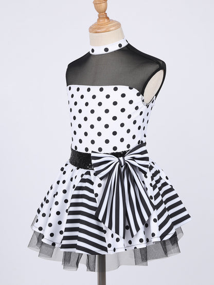 Girls Jazz Latin Ballet Dance Dress Polka Dots Print Mesh Sequin Bowknot Tutu Dress Birthdays Party Wedding Flower Girl Dresses