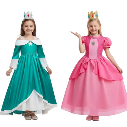 Girls New Game Movies Rosalina Peach Princess Dress Carnival Party Birthday Outfit Peach Cosplay Halloween Costume Dress