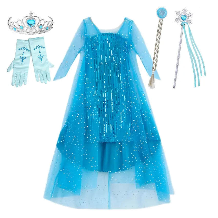 Girl Stunning Princess Maxi Dress All Body Sequin Covered Blue Train Sparkly Tulle Costume Snow Queen Party Elsa Cosplay Outfit