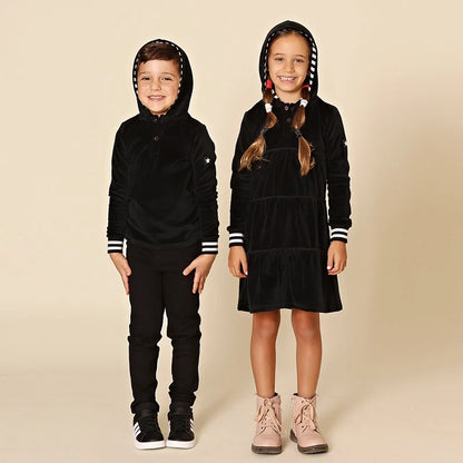 AA-Velour Hooded Set Tired Dress with Hooded Lining Striped Shirt and baby Footie Romper Ribbed Family Clothing Dress for Girls