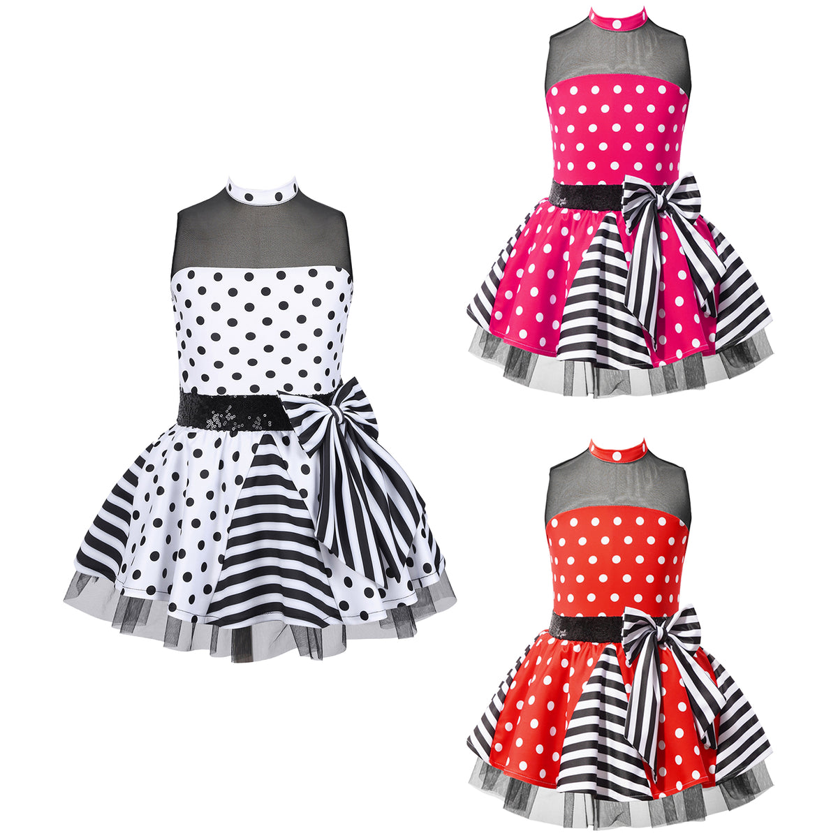 Girls Jazz Latin Ballet Dance Dress Polka Dots Print Mesh Sequin Bowknot Tutu Dress Birthdays Party Wedding Flower Girl Dresses