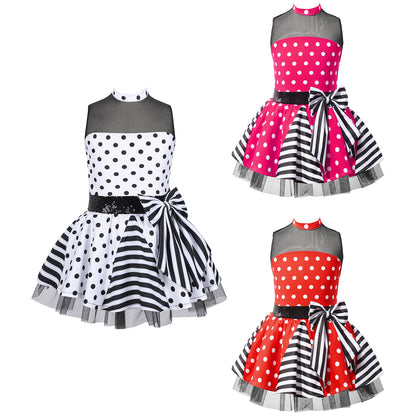Girls Jazz Latin Ballet Dance Dress Polka Dots Print Mesh Sequin Bowknot Tutu Dress Birthdays Party Wedding Flower Girl Dresses
