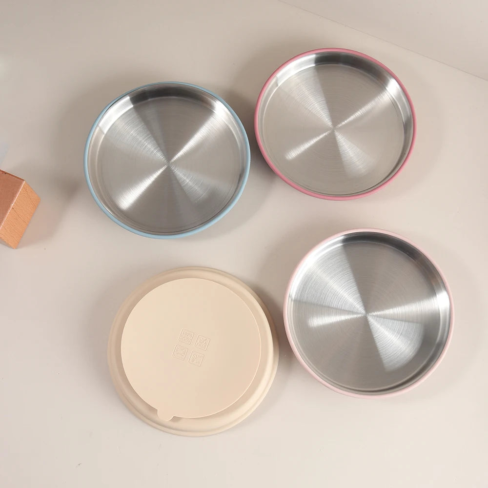 Simple design Stainless Steel Baby Plate with Silicone Suction,  Large Double Layer Dinner Plate for Toddlers
