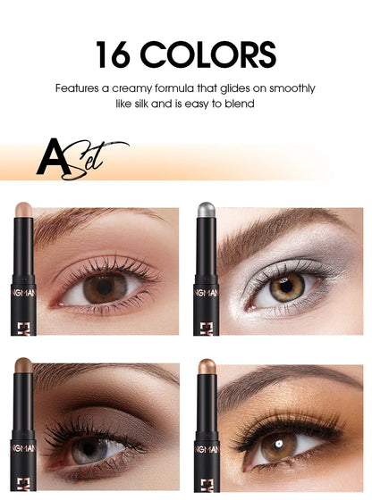 Waterproof Long Lasting Metallic Eyeshadow Sticks Satin Finish 16 Vibrant Colors Professional Makeup Pencil Crayon Set 8PCS