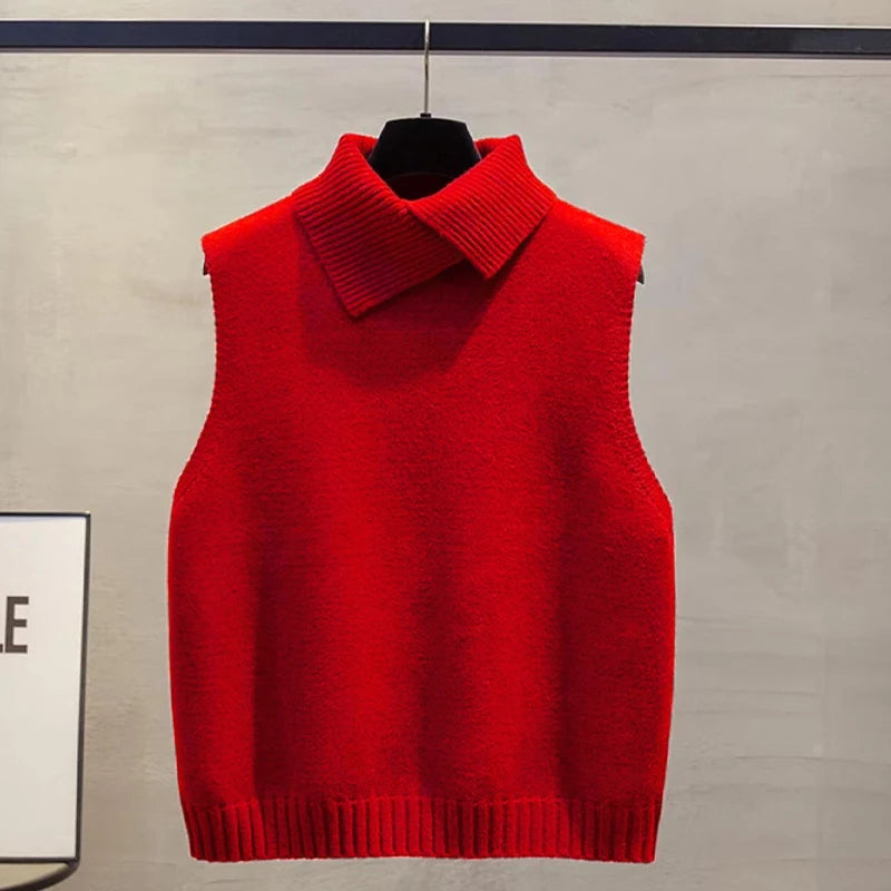 Autumn Winter Korean Solid Color Lapel Sleeveless Versatile Casual Knitted Vest For Women