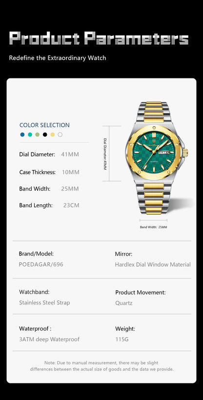POEDAGAR High Quality Men Clock Date Week Waterproof Fashion Watch For Man Stainless Steel Luxury Men's Quartz Watches Reloj+Box