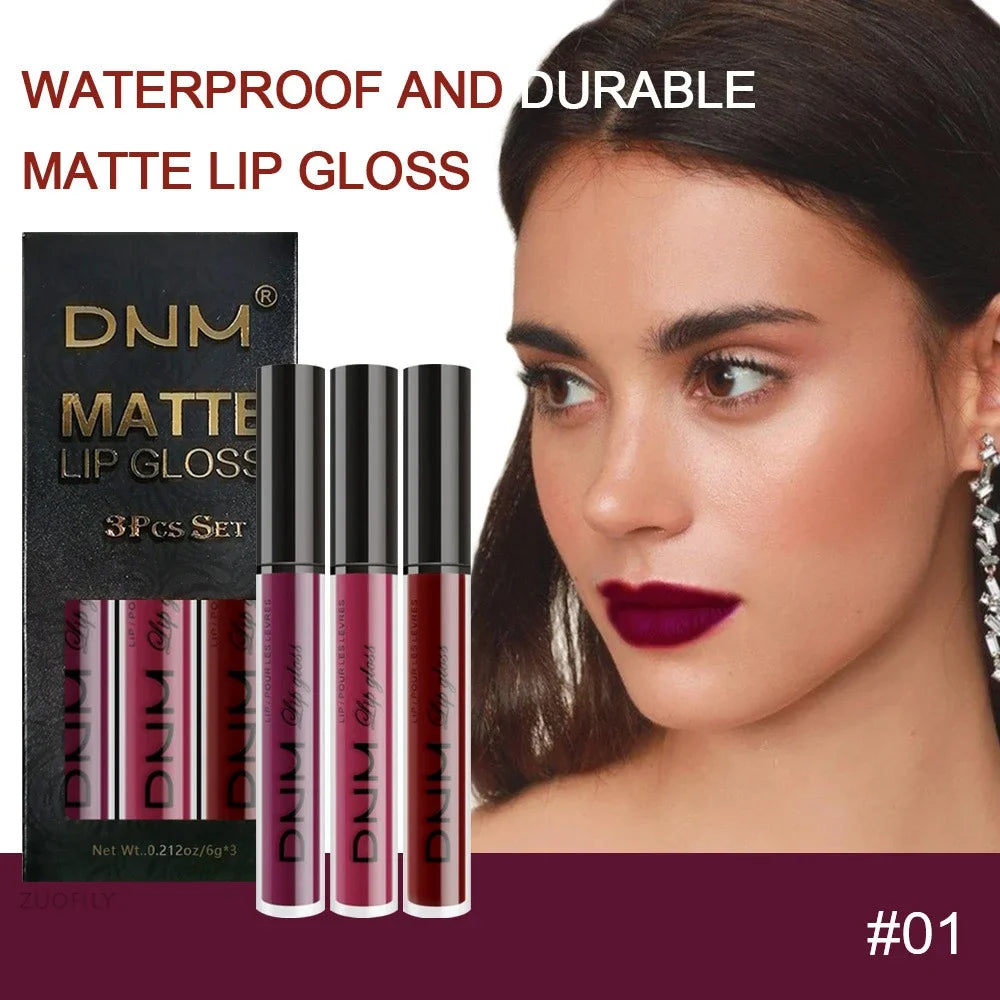 DNM 3PCS Liquid Lipstick Sets Waterproof Matte Black Blue Purple Blue Sexy Lip Gloss Long Lasting Nude Lip Tint Stain Makeup Kit