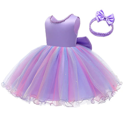 Infant Baby Tulle Backless Pageant Wedding Party Flower Girls Big Bow Dress With Headwear For Toddler Baptism Birthday Prom Gown
